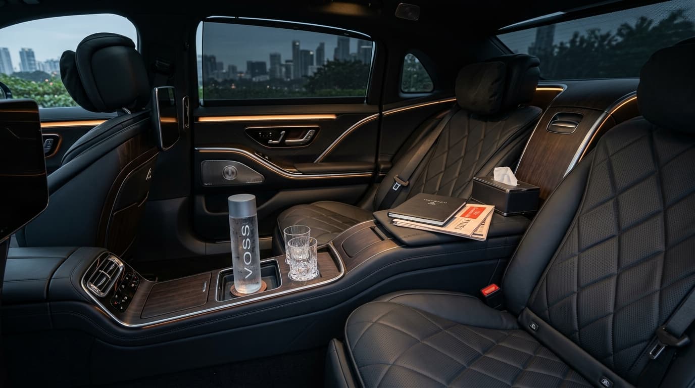 Luxury rear cabin with diamond-quilted leather, ambient lights, bottled water, tissues, and reading material